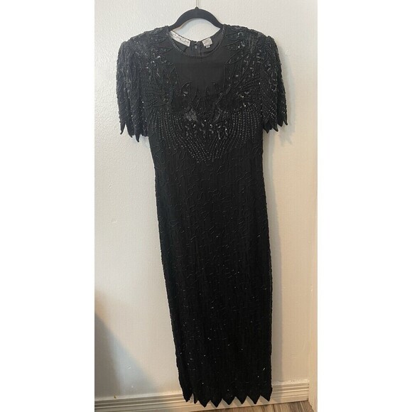 Vintage Sparkling SCALA 100% SILK BEADED SEQUINS Formal Evening Dress Lined Sz M - Picture 2 of 11